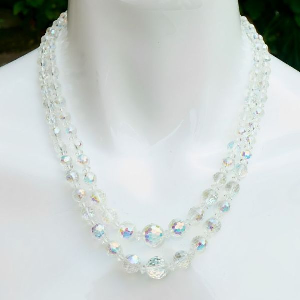 Two Strand Glass Aurora Borealis Necklace Fancy Clasp