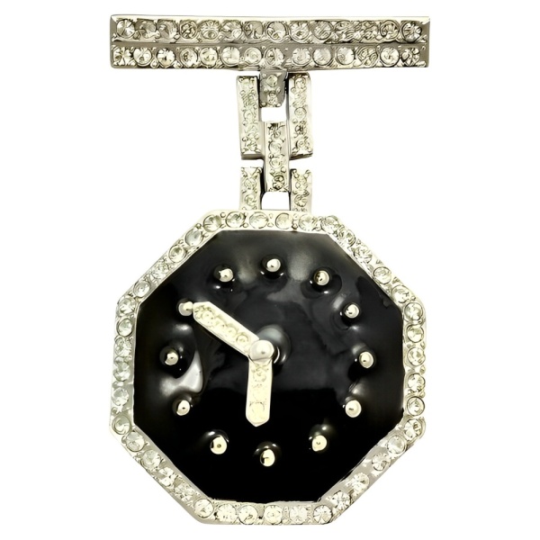 Butler & Wilson Black Enamel Crystals Clock Brooch circa 1980s