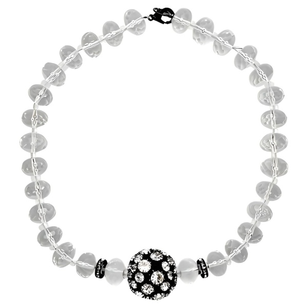 Glass Beaded Necklace with Black Enamel and Crystal Ball