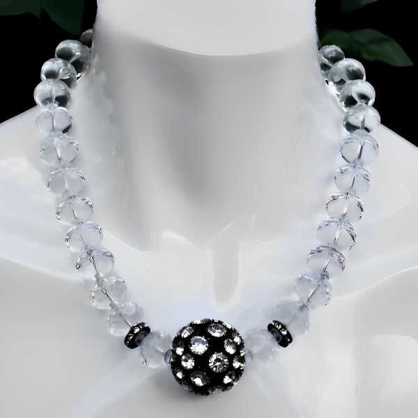 Glass Beaded Necklace with Black Enamel and Crystal Ball