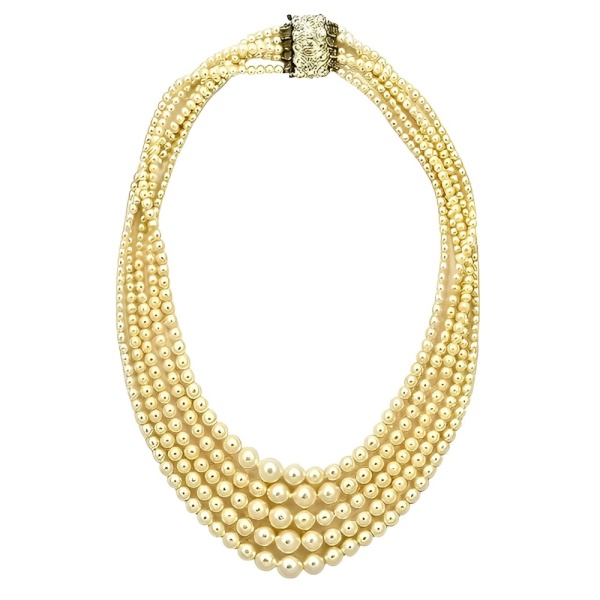 Cream Faux Pearl Five Strand Necklace with Rhinestone Clasp circa 1950s