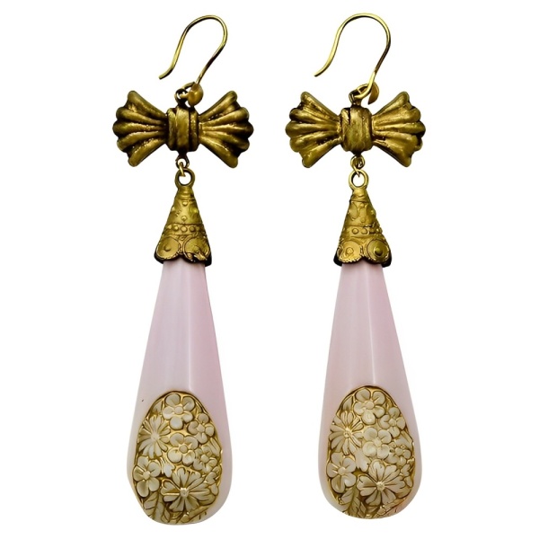 Czech Gilt Metal and Pink Glass Drop Statement Earrings