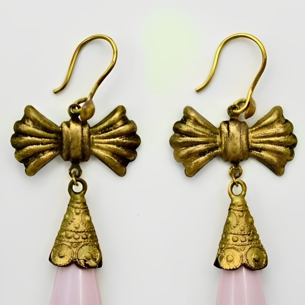 Czech Gilt Metal and Pink Glass Drop Statement Earrings
