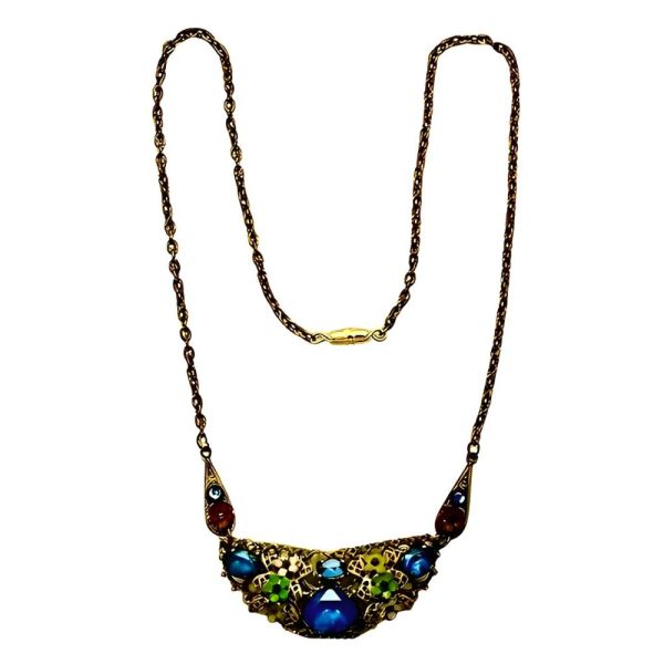 Czech Gilt Metal Enamel Flower Blue Glass Necklace circa 1930s