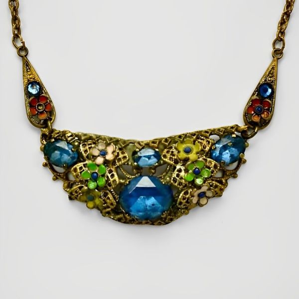 Czech Gilt Metal Enamel Flower Blue Glass Necklace circa 1930s