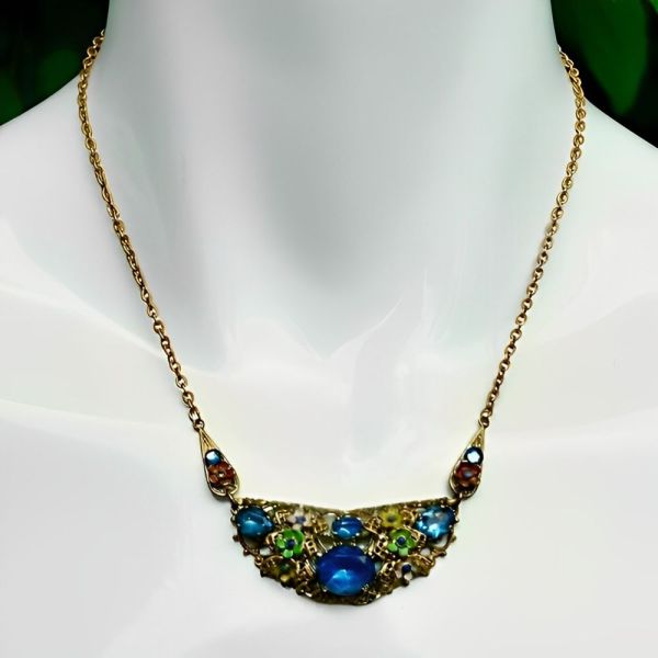 Czech Gilt Metal Enamel Flower Blue Glass Necklace circa 1930s