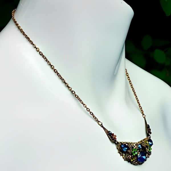 Czech Gilt Metal Enamel Flower Blue Glass Necklace circa 1930s