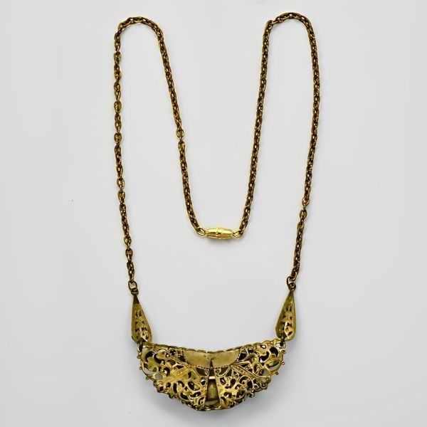 Czech Gilt Metal Enamel Flower Blue Glass Necklace circa 1930s