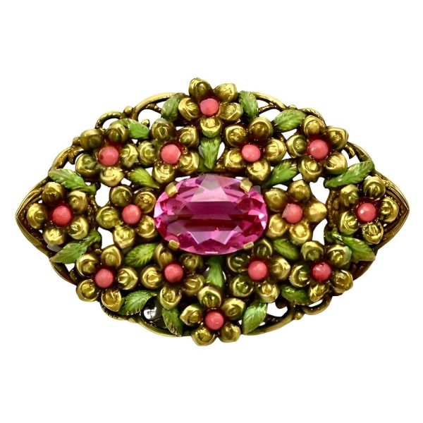 Czech Gilt Metal Pink and Green Floral Brooch circa 1930s Arabella Bianco