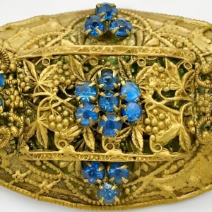Czech Gilt Metal Floral Brooch with Blue Glass Stones circa 1930s