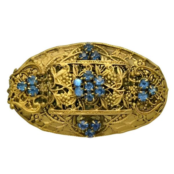 Czech Gilt Metal Floral Brooch with Blue Glass Stones circa 1930s