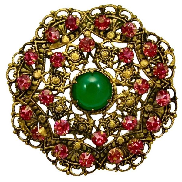 Czech Gilt Metal Brooch Pink Green Glass Stones circa 1930s