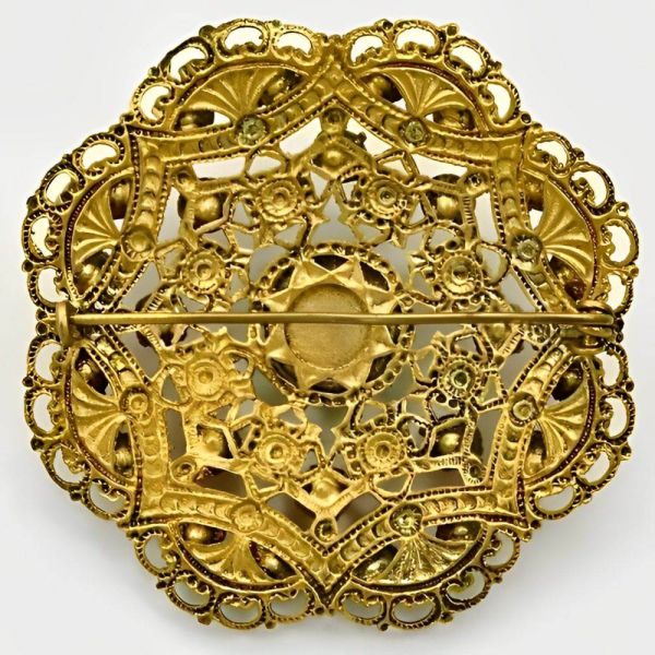 Czech Gilt Metal Brooch Pink Green Glass Stones circa 1930s