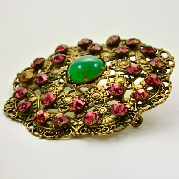 Czech Gilt Metal Brooch Pink Green Glass Stones circa 1930s