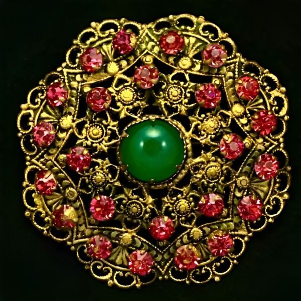 Czech Gilt Metal Brooch Pink Green Glass Stones circa 1930s