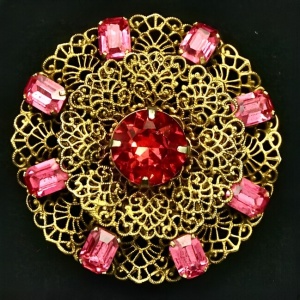 Czech Gilt Metal Filigree Brooch Pink Glass Stones circa 1930s