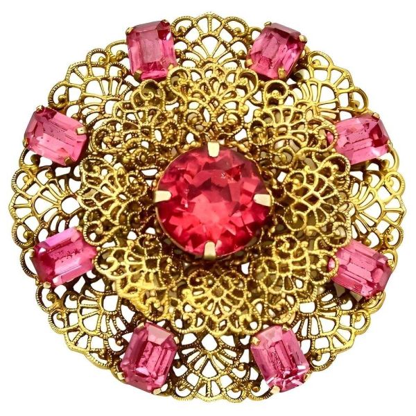 Czech Gilt Metal Filigree Brooch Pink Glass Stones circa 1930s