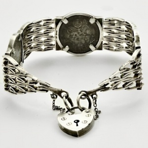 English Sterling Silver Bar Gate Link Sixpence Coin Bracelet 1970s