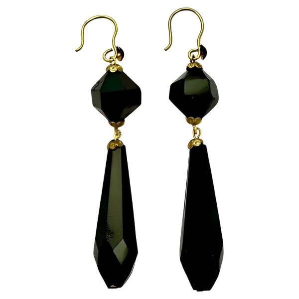 Faceted French Jet Drop Earrings with Gold Tone Hooks