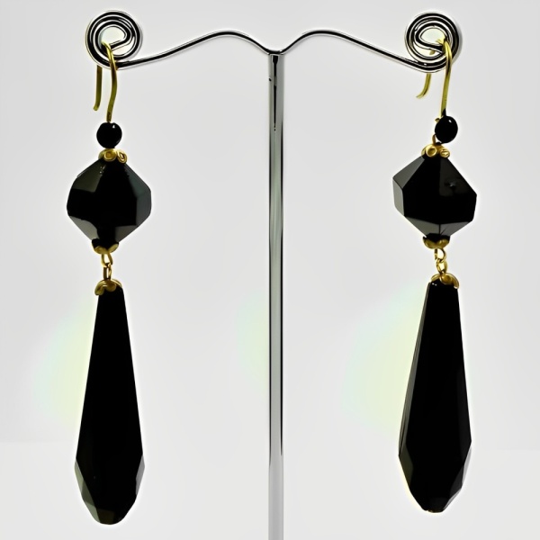 Faceted French Jet Drop Earrings with Gold Tone Hooks