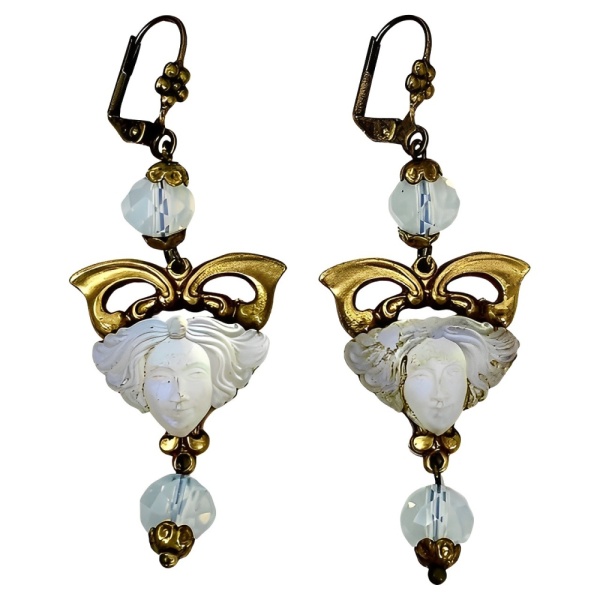 Gilt Metal Drop Earrings with Opaline Glass Lady Heads