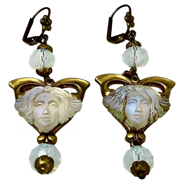 Gilt Metal Drop Earrings with Opaline Glass Lady Heads