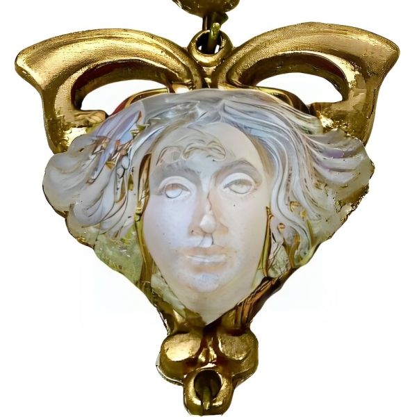 Gilt Metal Drop Earrings with Opaline Glass Lady Heads