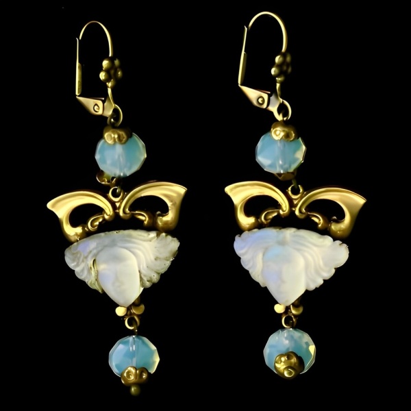 Gilt Metal Drop Earrings with Opaline Glass Lady Heads