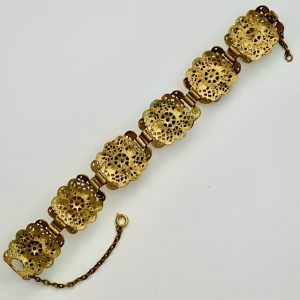 Gilt Metal Ornate Coloured Glass Faces Bracelet with Safety Chain