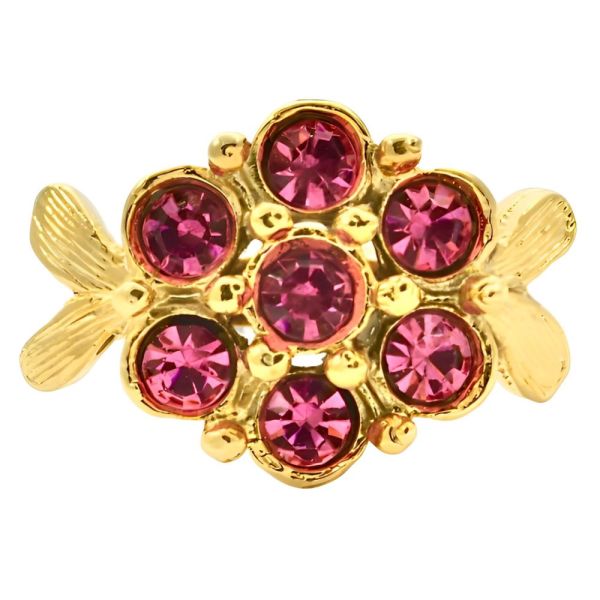 Gold Plated Pink Crystal Flower Ring circa 1970s