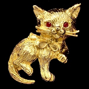 Gold Plated Cat Brooch with Red Crystal Eyes circa 1980s