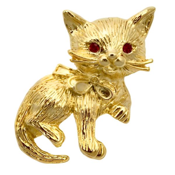 Gold Plated Cat Brooch with Red Crystal Eyes circa 1980s