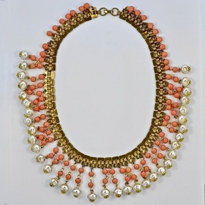 Gold Plated Coral Glass Bead Faux Pearl Necklace circa 1950s