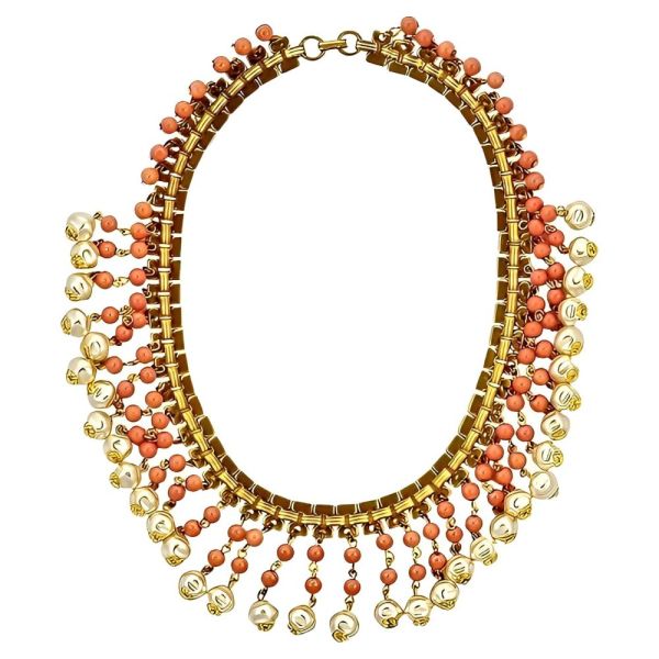 Gold Plated Coral Glass Bead Faux Pearl Necklace circa 1950s
