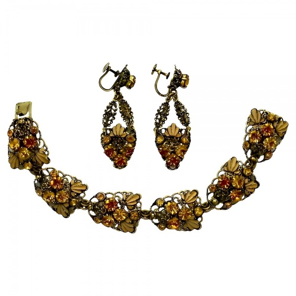 Filigree and Citrine Rhinestone Link Bracelet and Earrings Set