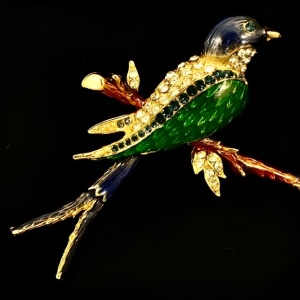 Gold Plated Enamel Bird Brooch with Crystals circa 1980s