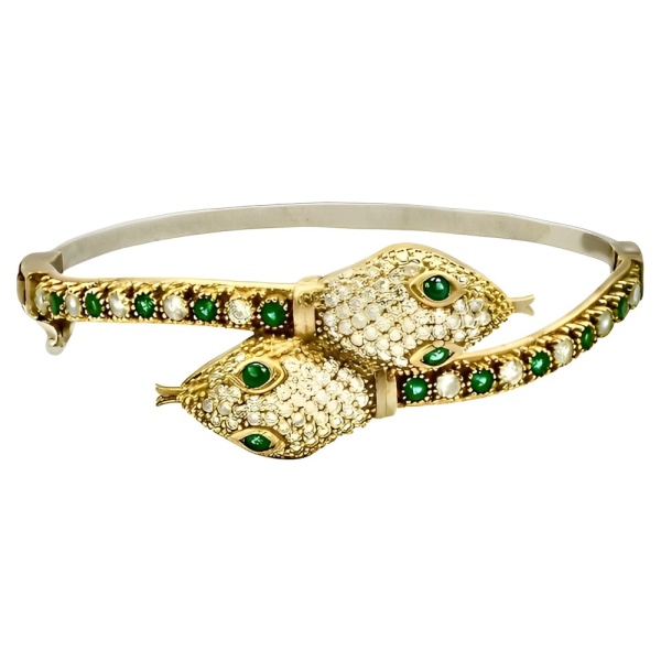 Gold Plated Green and Clear Rhinestone Snake Bracelet
