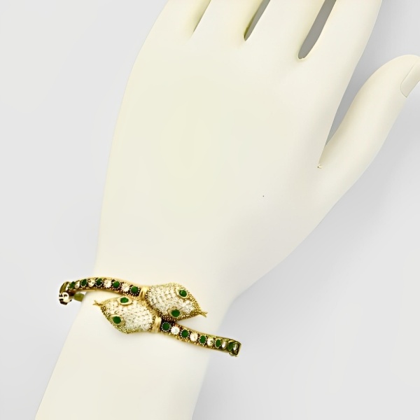 Gold Plated Green and Clear Rhinestone Snake Bracelet