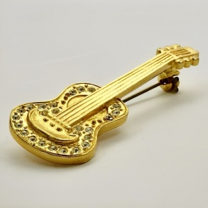 Gold Plated Guitar Brooch with Clear Crystals circa 1980s