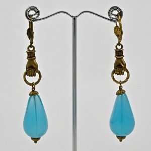 Gold Plated Hands Lever Back Earrings with Blue Opaline Drops