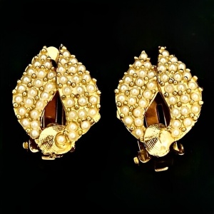 Gold Plated Leaf and Faux Caviar Pearl Clip on Earrings