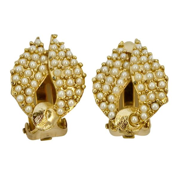 Gold Plated Leaf and Faux Caviar Pearl Clip on Earrings
