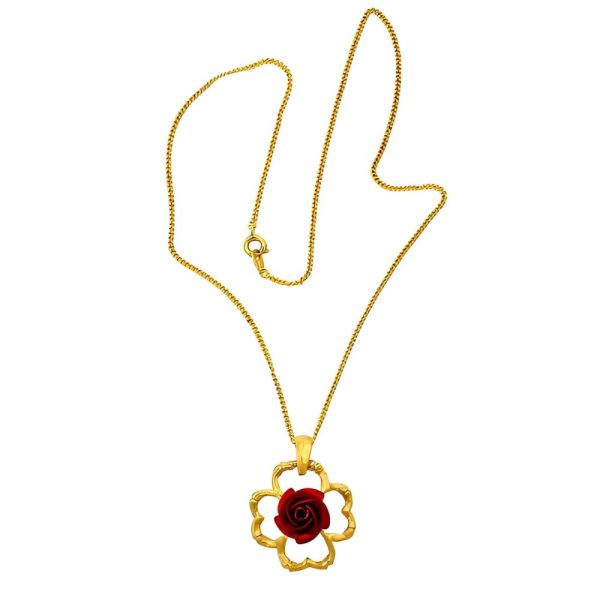Gold Plated Red Rose Pendant Necklace circa 1980s