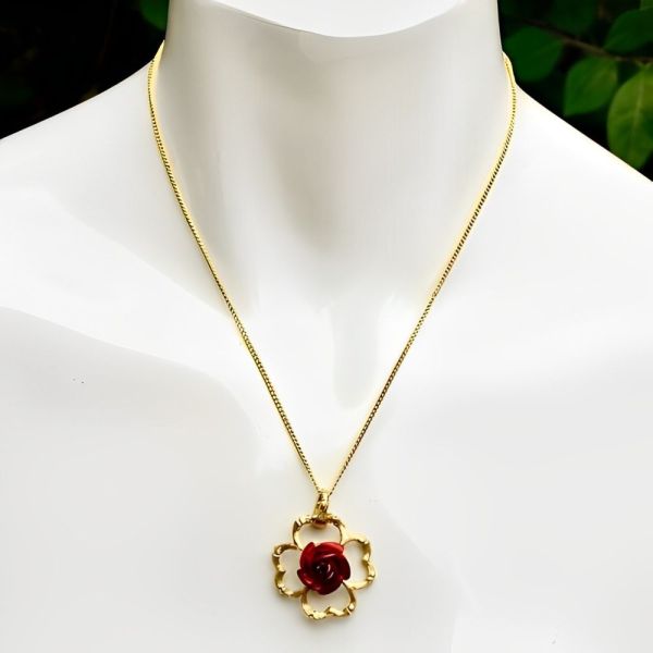 Gold Plated Red Rose Pendant Necklace circa 1980s