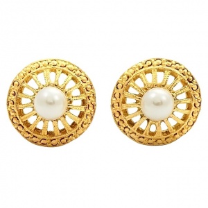 Gold Plated Ornate Earrings with White Faux Pearls circa 1980s
