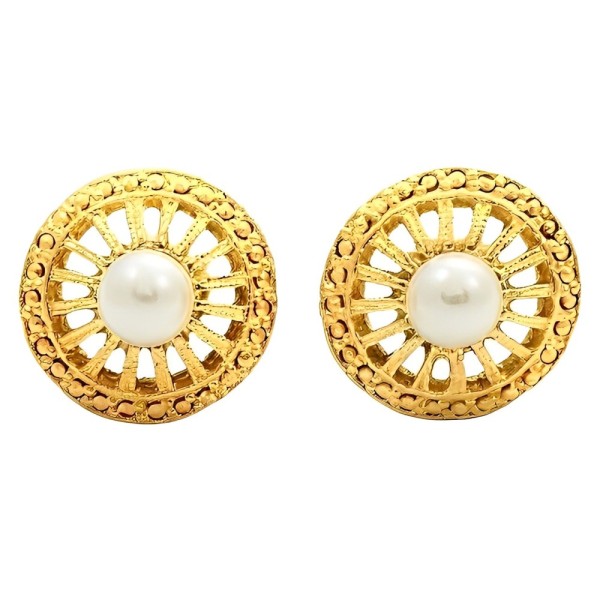 Gold Plated Ornate Earrings with White Faux Pearls circa 1980s