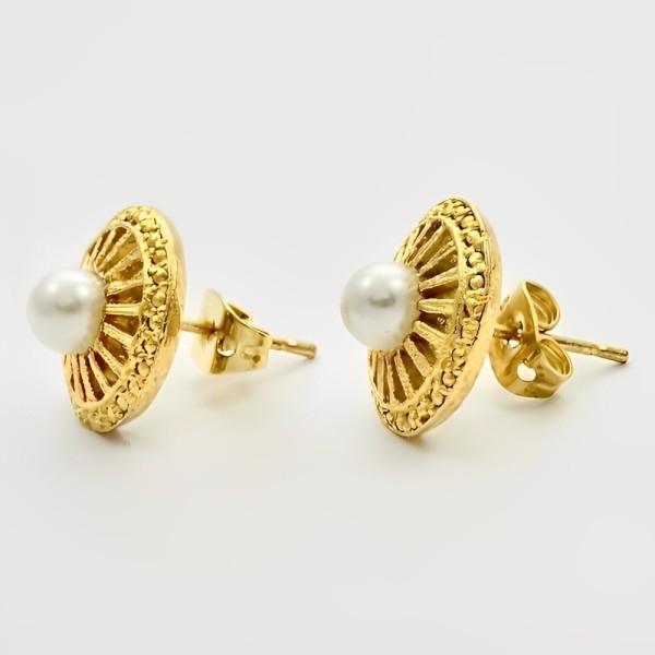 Gold Plated Ornate Earrings with White Faux Pearls circa 1980s