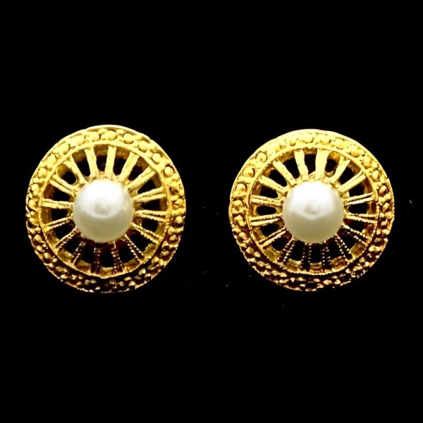 Gold Plated Ornate Earrings with White Faux Pearls circa 1980s