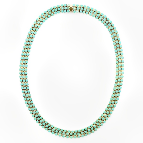 Gold Plated Three Row Faux Turquoise Glass Necklace circa 1970s