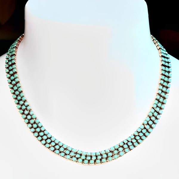 Gold Plated Three Row Faux Turquoise Glass Necklace circa 1970s